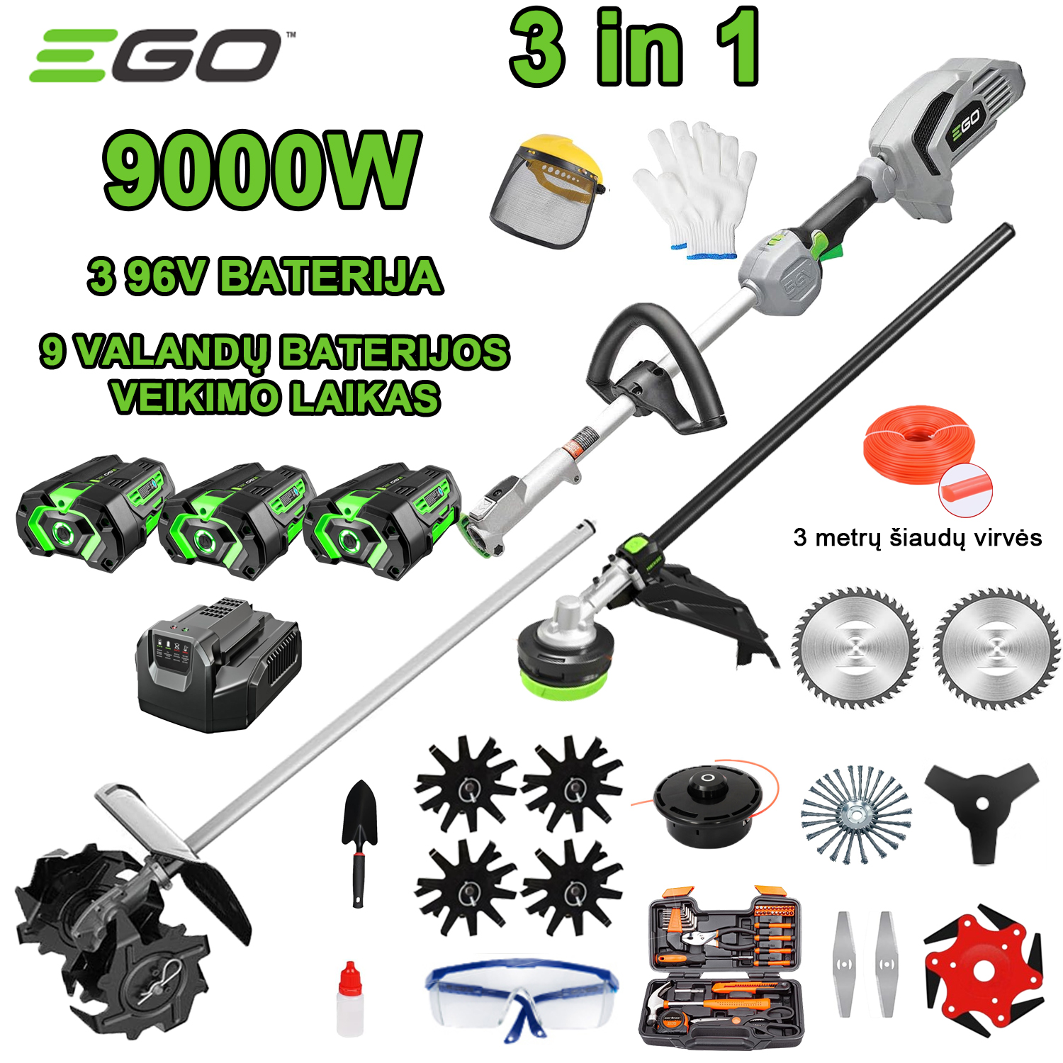 9000W trys viename kultivatorius (pjovimas, medžių kirtimas, žemės paruošimas ir kt.) 96V baterija*3+greitasis įkrovimas+formavimo peilis+pjovimo galvutė+pjovimo virvė+lydinio pjūklo geležtė+pjovimo peilis+šepečio galvutė+pilnas priedų komplektas