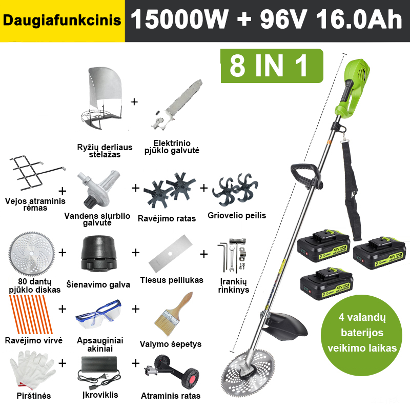 【8 viename】 5000 W 36 V 10 A ličio baterija * 3, baterijos veikimo laikas 4 valandos, elektrinė vejapjovė, žemės dirbimo peilis, pjovimo peilis, vandens siurblys, 80 dantų peilis, vejapjovė, 10 dalių. Vejapjovė, tiesus peilis, atraminis ratas, vejos atraminis rėmas, žolės stovas, pilnas priedų komplektas