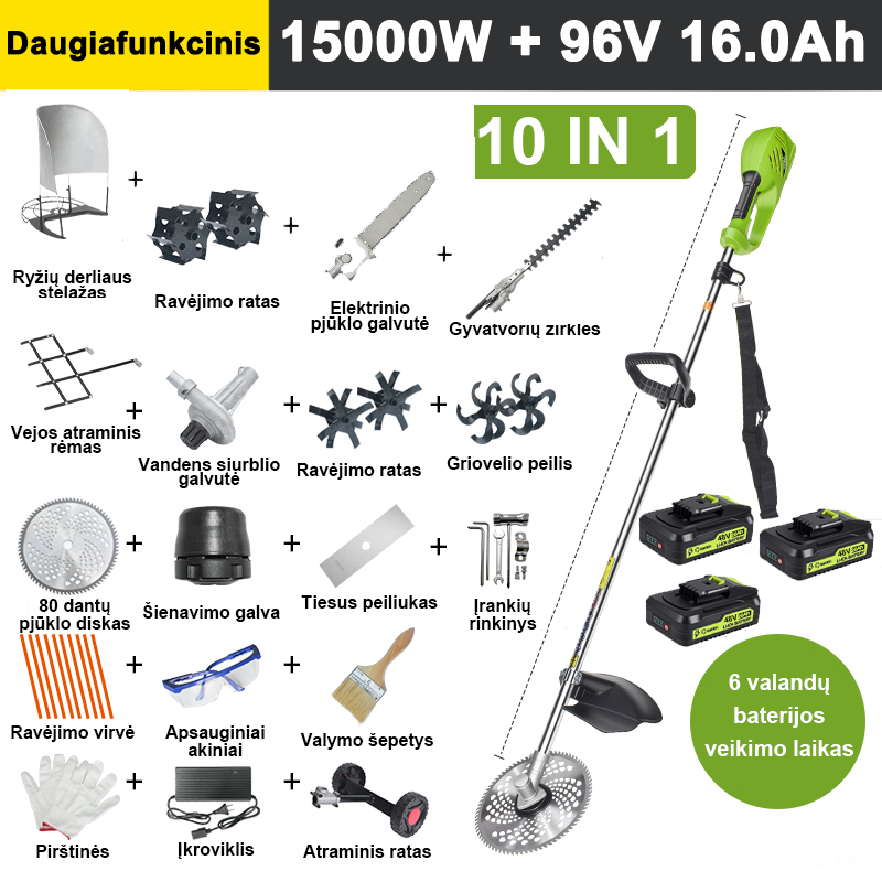 【10 viename】7000 W, 48 V 12 A ličio baterija * 3, baterijos veikimo laikas 6 valandos, elektrinė vejapjovė, kultivatorius, kultivatorius, vandens siurblys, 80 dantų peilis, vejapjovė, vejapjovė * 10, tiesus peilis, atraminis ratas, vejos atraminis rėmas, žolės rėmas, gyvatvorių žirklės, yra po ranka, pilnas priedų rinkinys